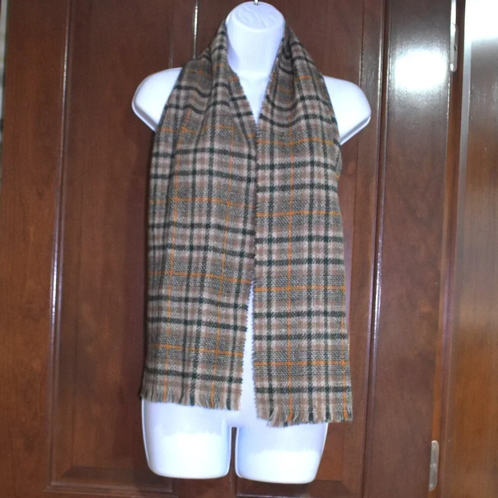 Vintage Shetland Wool Scarf Plaid Brown Green Made In Scottland